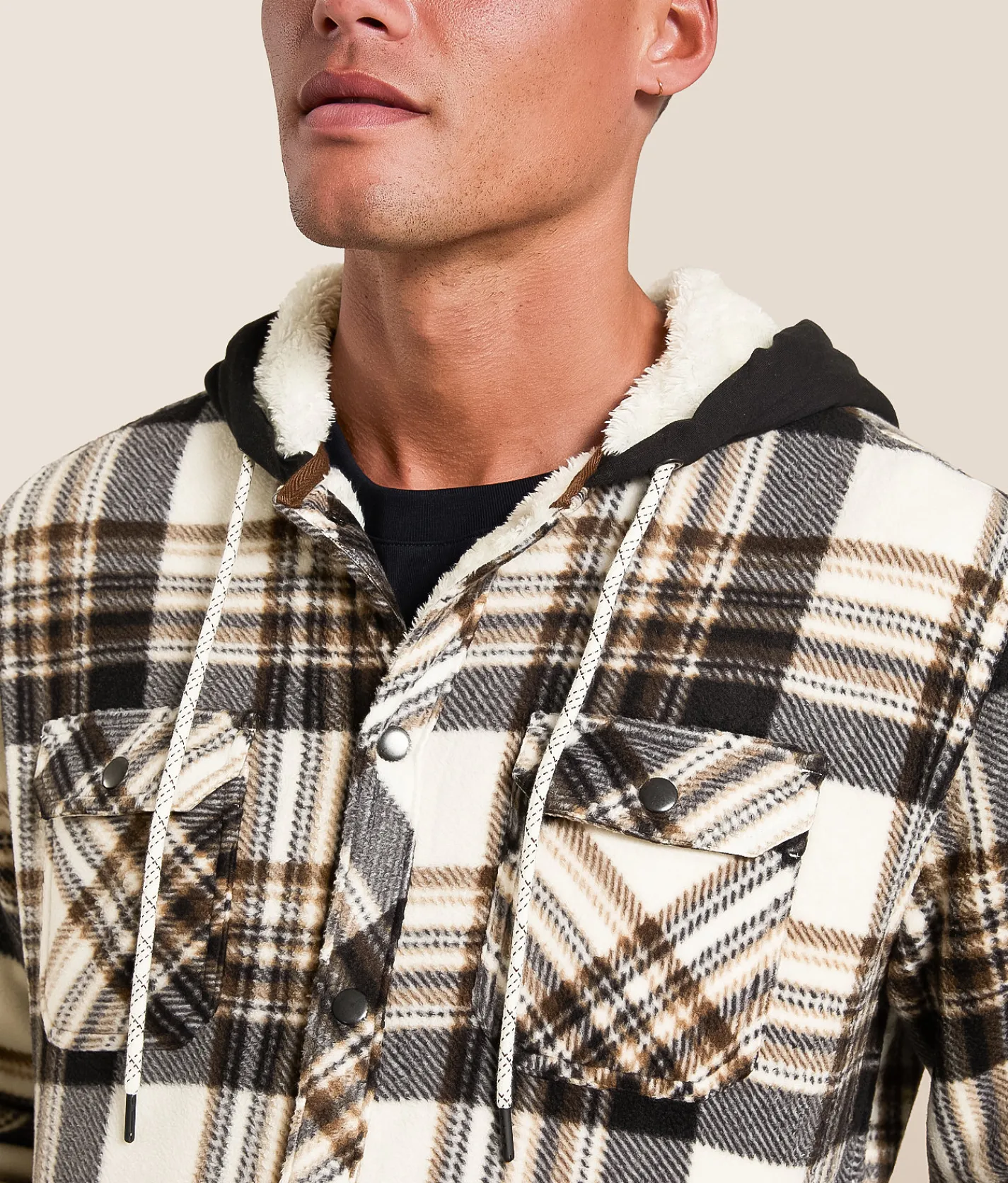 Departwest Plaid Fleece Hooded Shacket Cream Navy Tan Sale