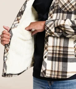Departwest Plaid Fleece Hooded Shacket Cream Navy Tan Sale