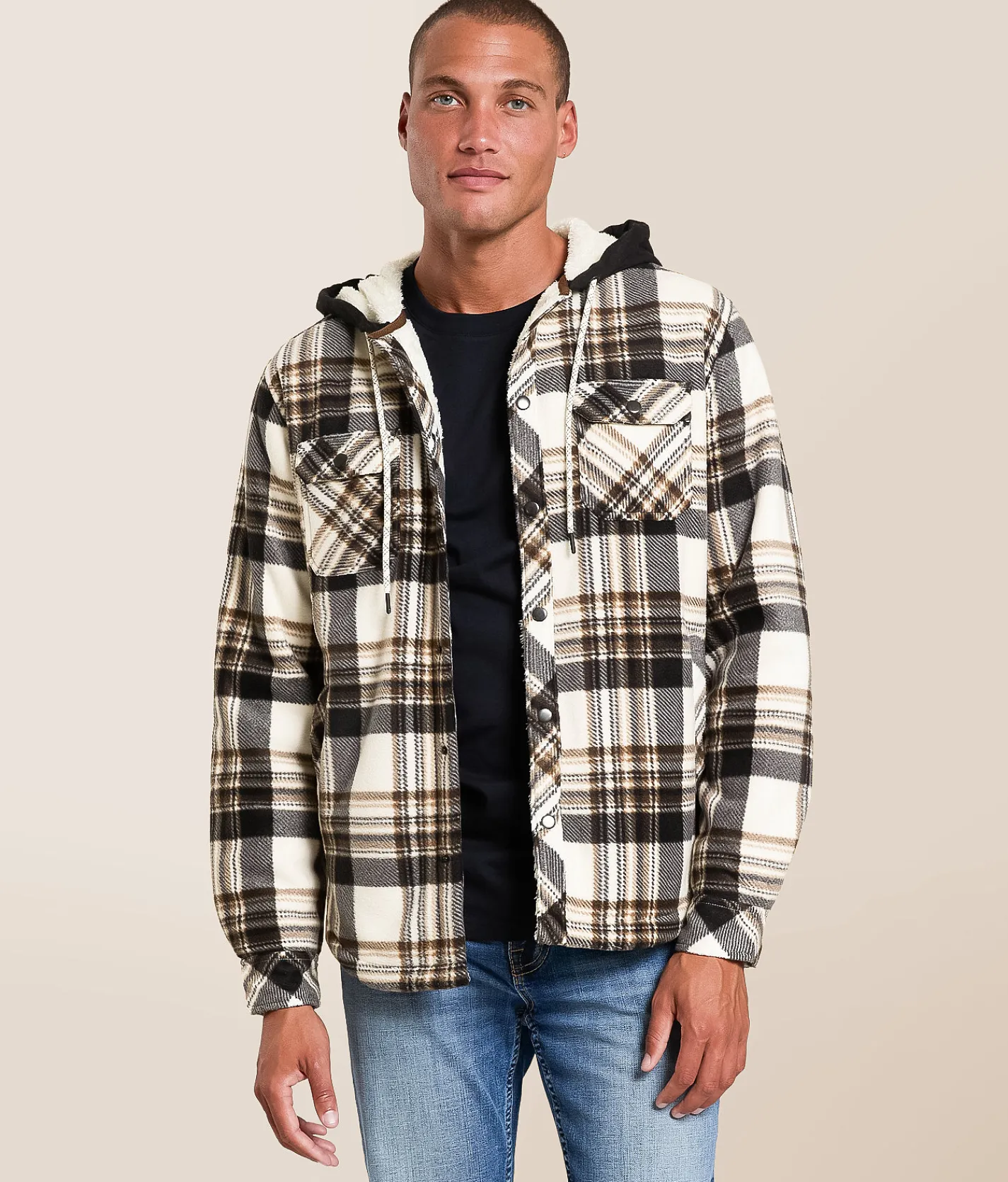 Departwest Plaid Fleece Hooded Shacket Cream Navy Tan Sale