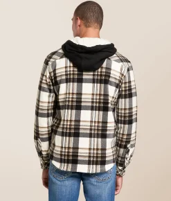 Departwest Plaid Fleece Hooded Shacket Cream Navy Tan Sale