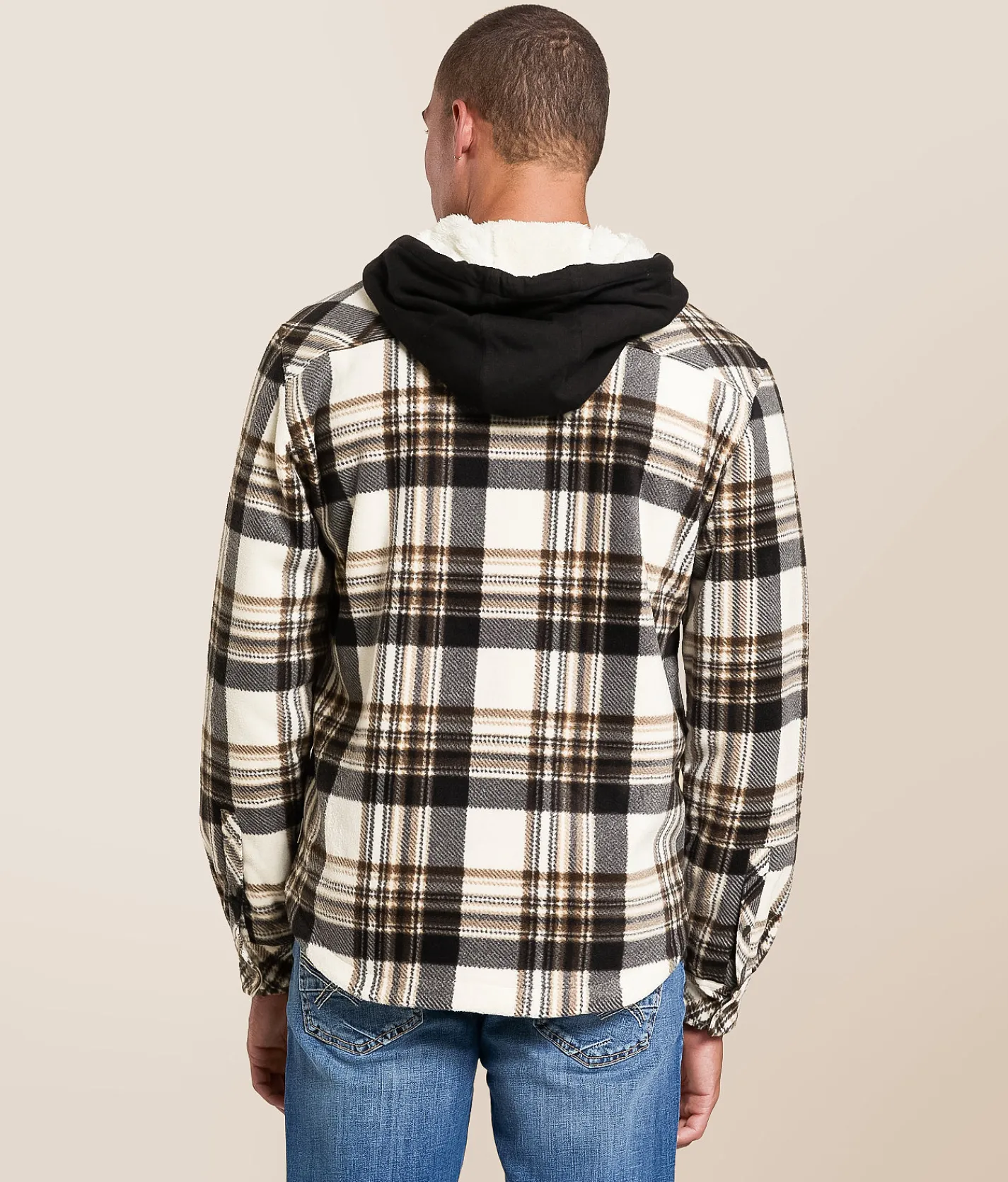 Departwest Plaid Fleece Hooded Shacket Cream Navy Tan Sale