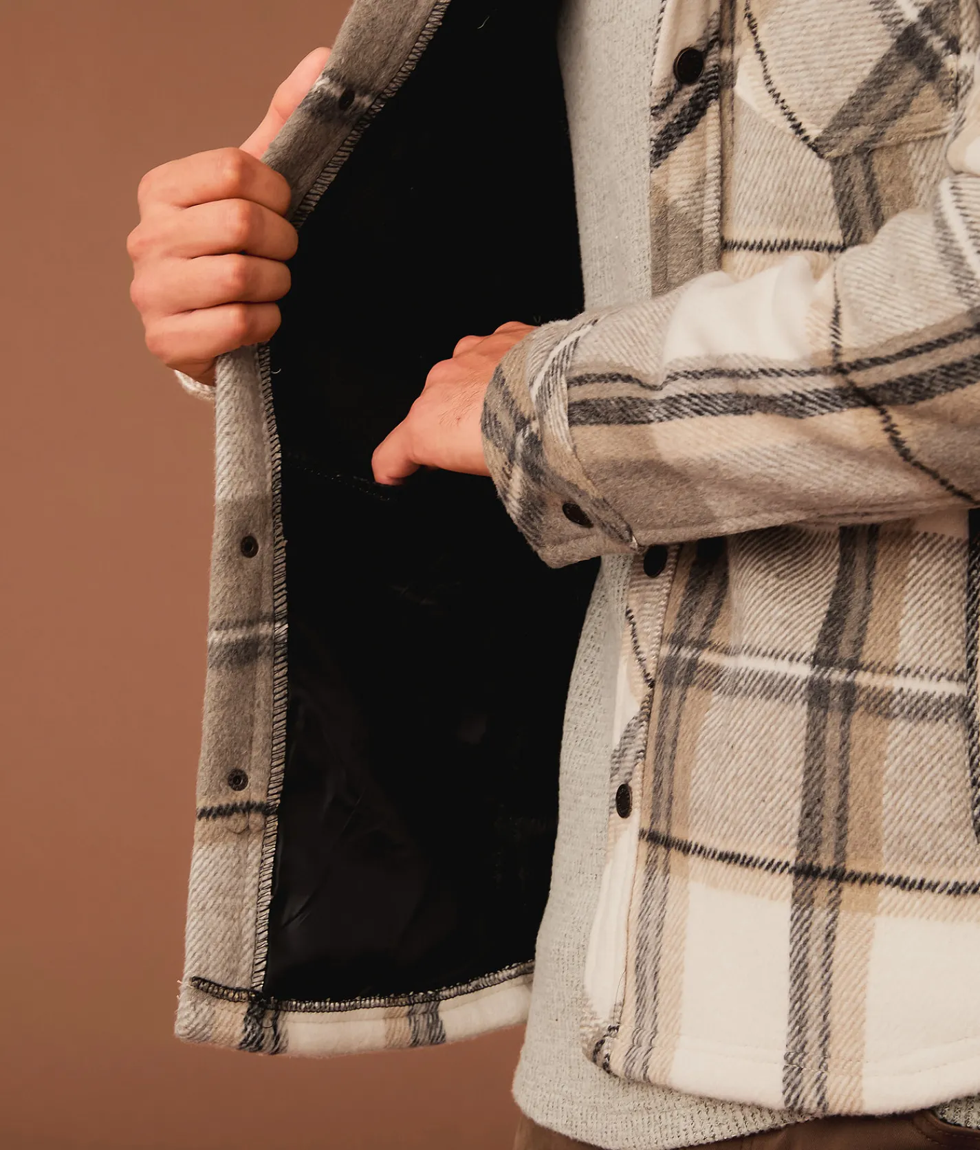 Outpost Makers Plaid Hooded Shacket Tan Cream Grey New