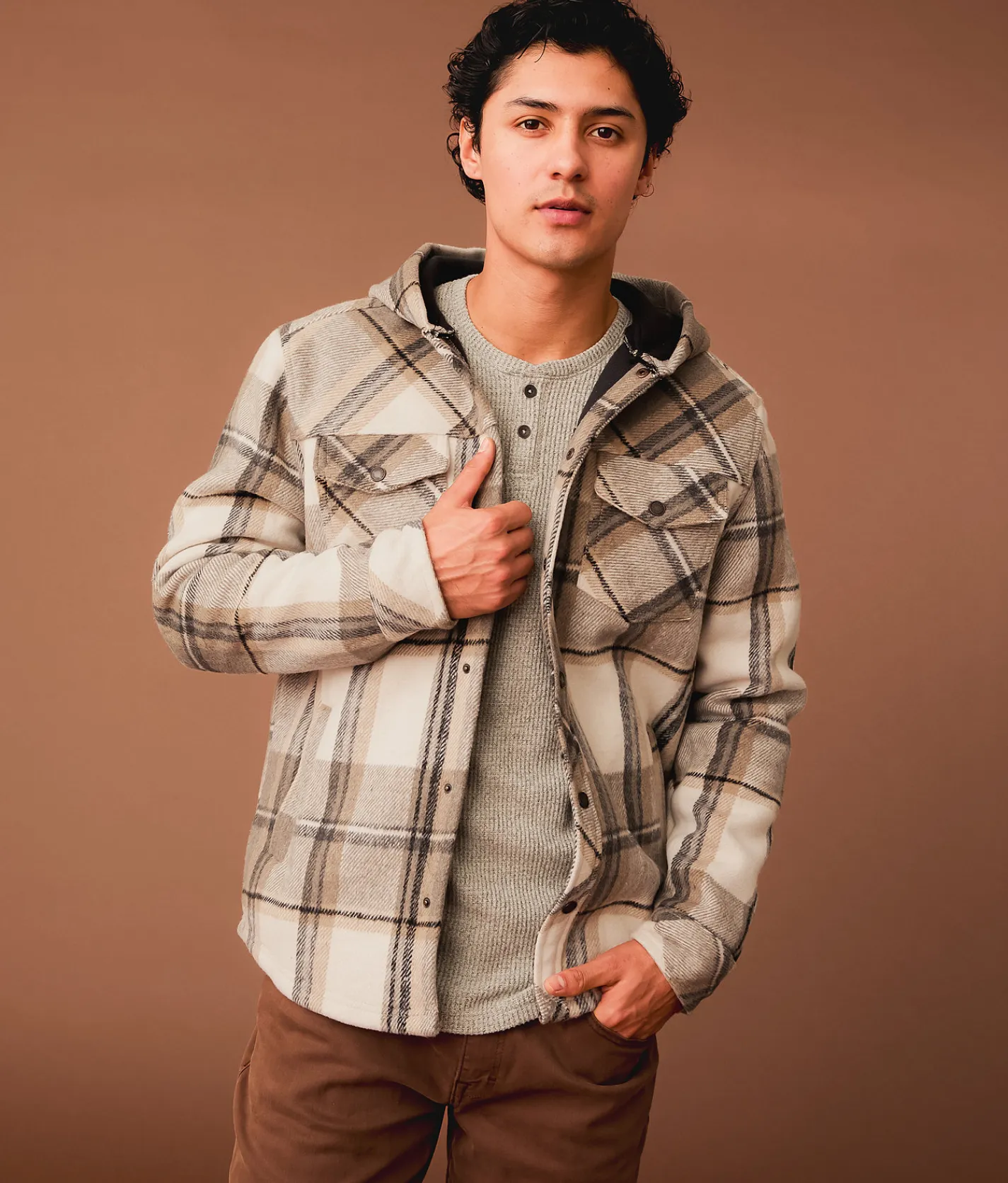 Outpost Makers Plaid Hooded Shacket Tan Cream Grey New