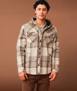 Outpost Makers Plaid Hooded Shacket Tan Cream Grey New