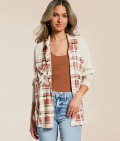Tops | Modish Rebel Plaid Knit Shirt Cream Multi