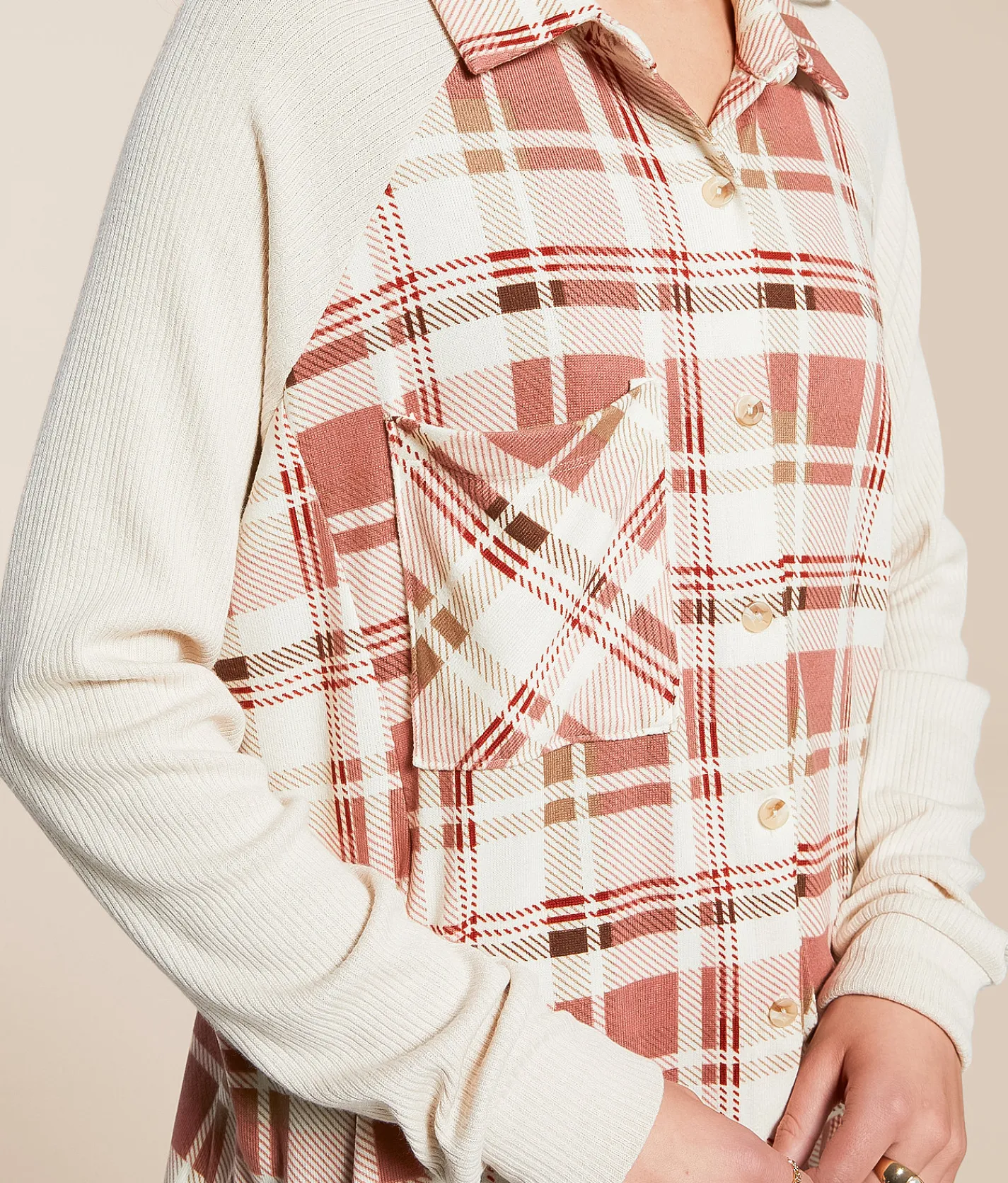 Tops | Modish Rebel Plaid Knit Shirt Cream Multi