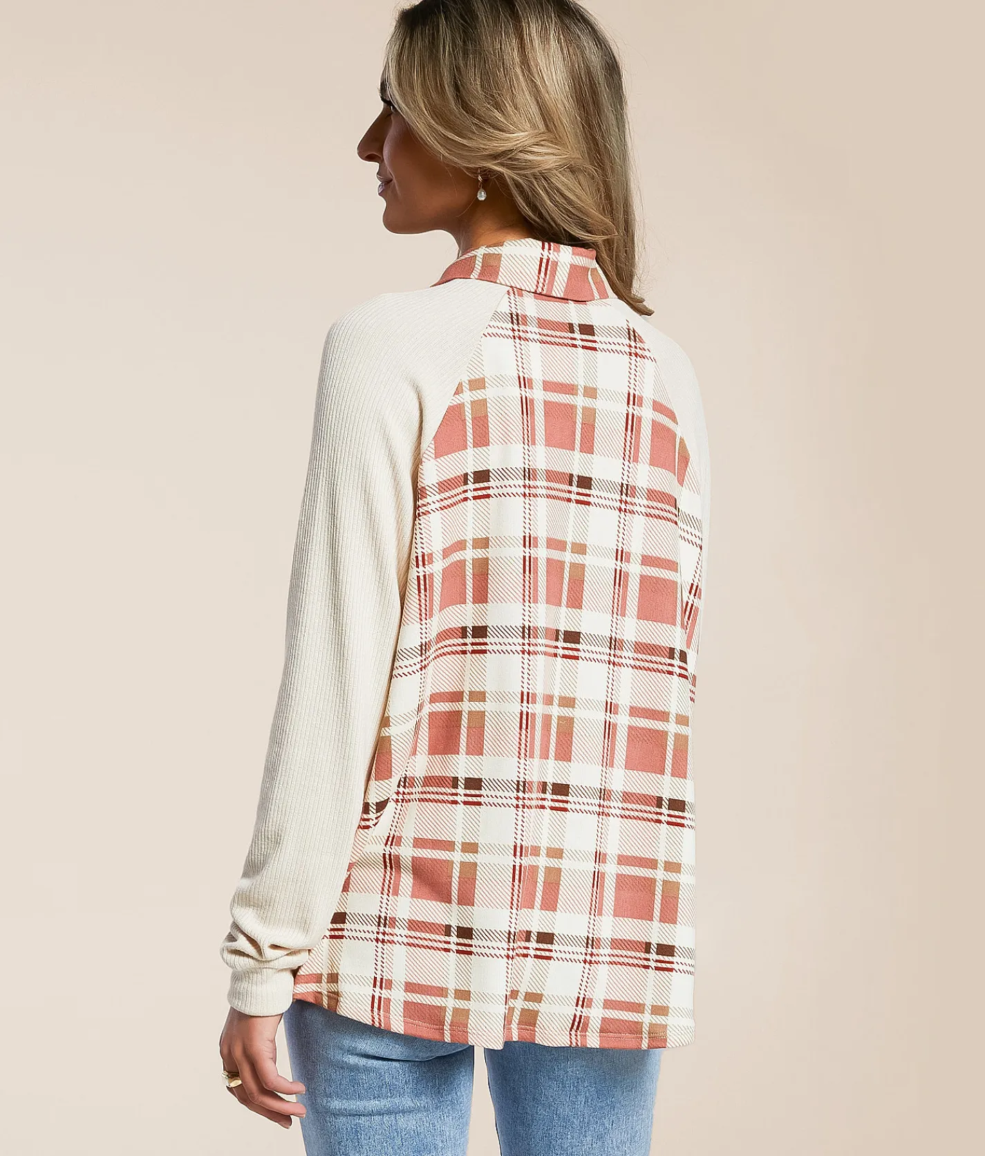 Tops | Modish Rebel Plaid Knit Shirt Cream Multi