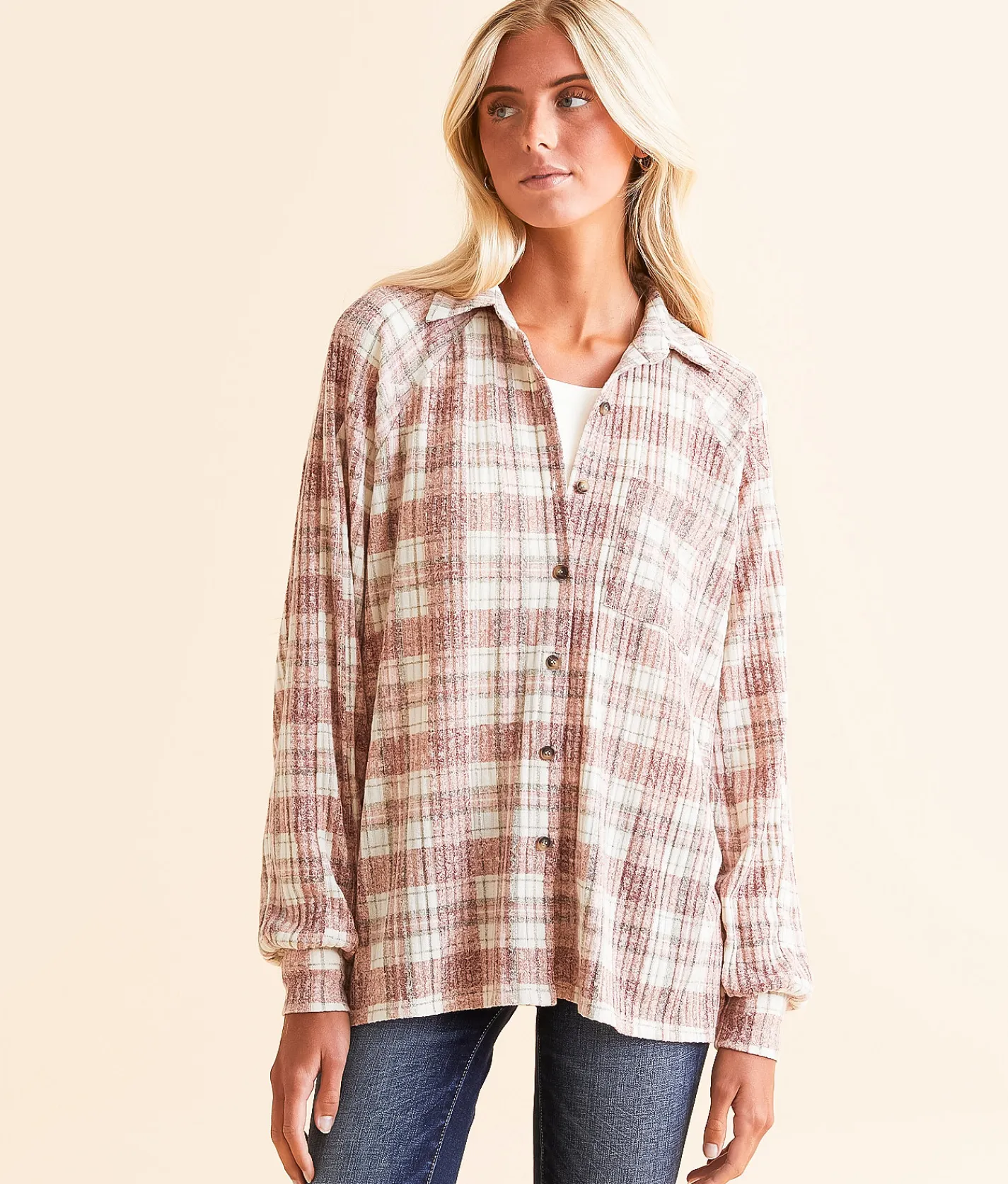 Tops | Modish Rebel Plaid Knit Shirt Taupe Multi
