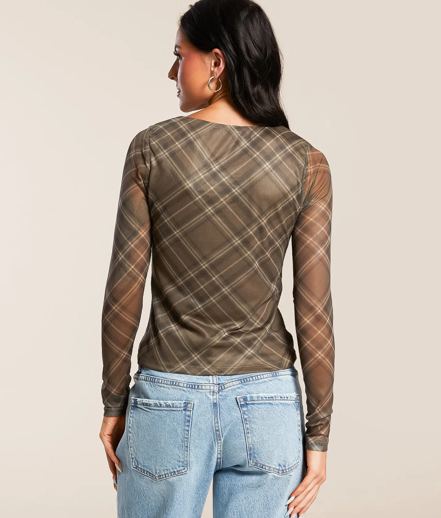Tops | Gilded Intent Plaid Mesh Keyhole Top Brown Plaid