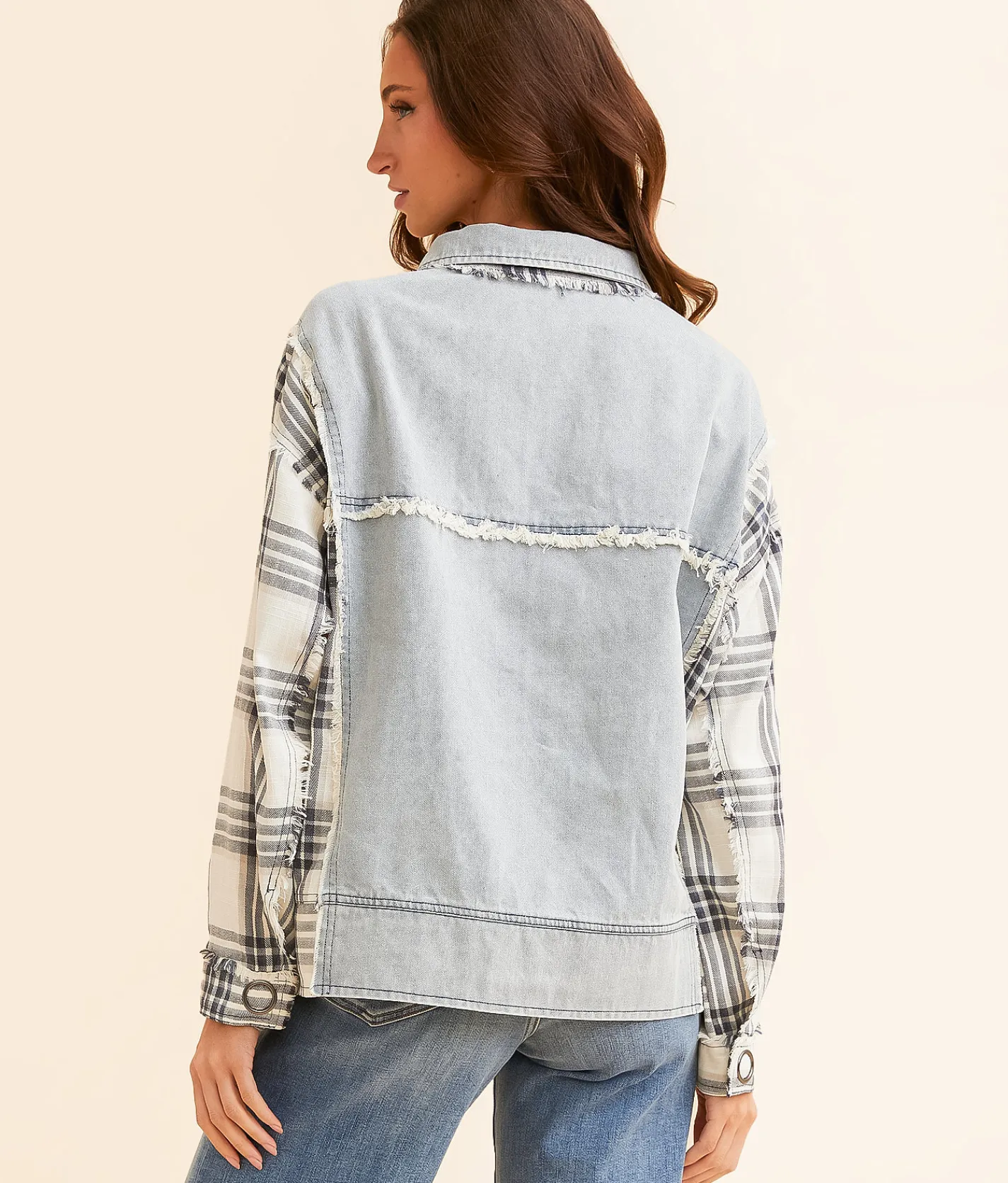 Oli & Hali Plaid Pieced Denim Jacket Blue Cream Multi Sale
