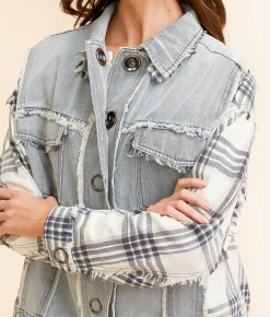 Oli & Hali Plaid Pieced Denim Jacket Blue Cream Multi Sale