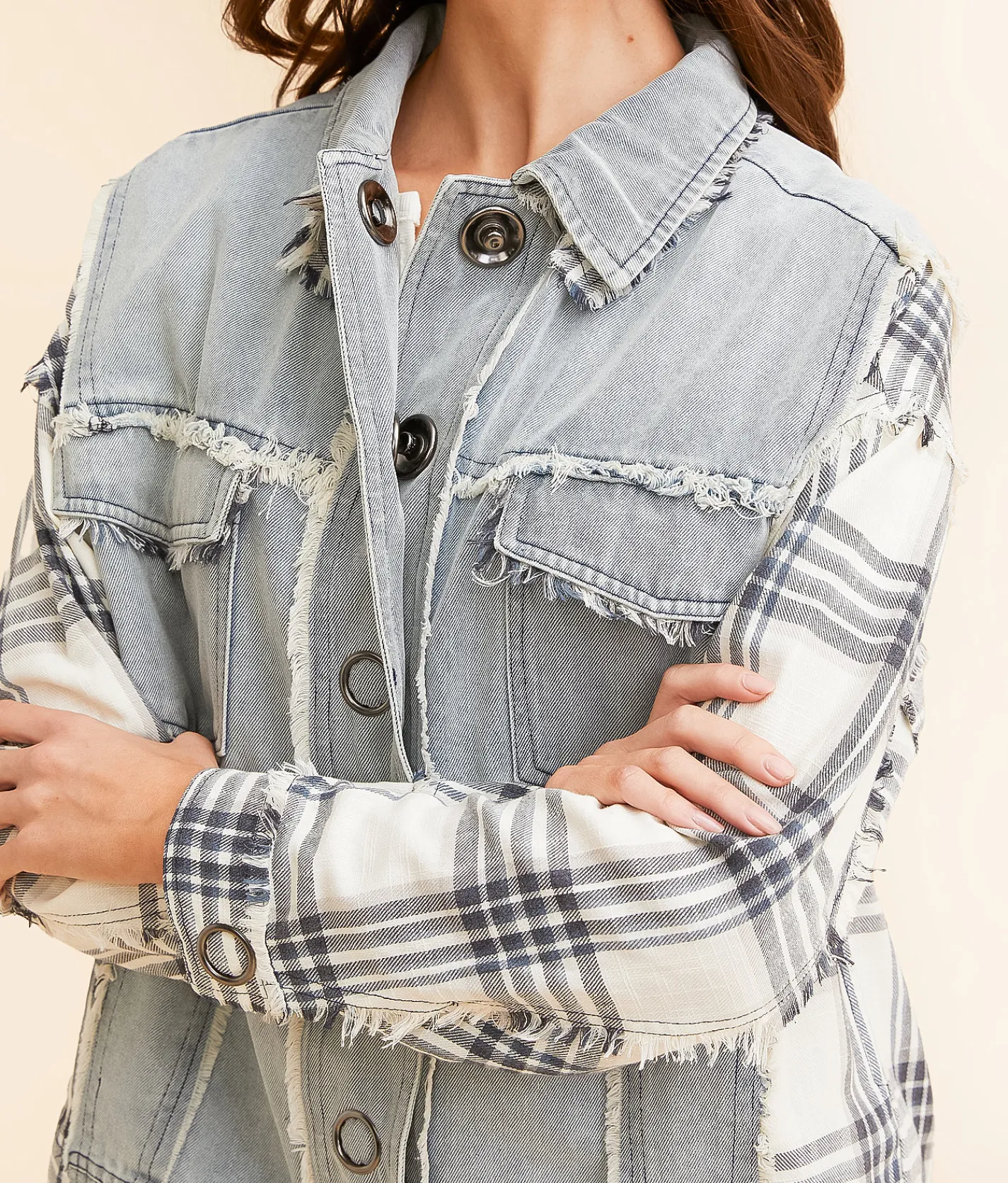 Oli & Hali Plaid Pieced Denim Jacket Blue Cream Multi Sale