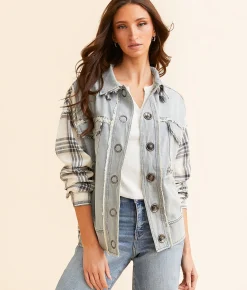 Oli & Hali Plaid Pieced Denim Jacket Blue Cream Multi Sale