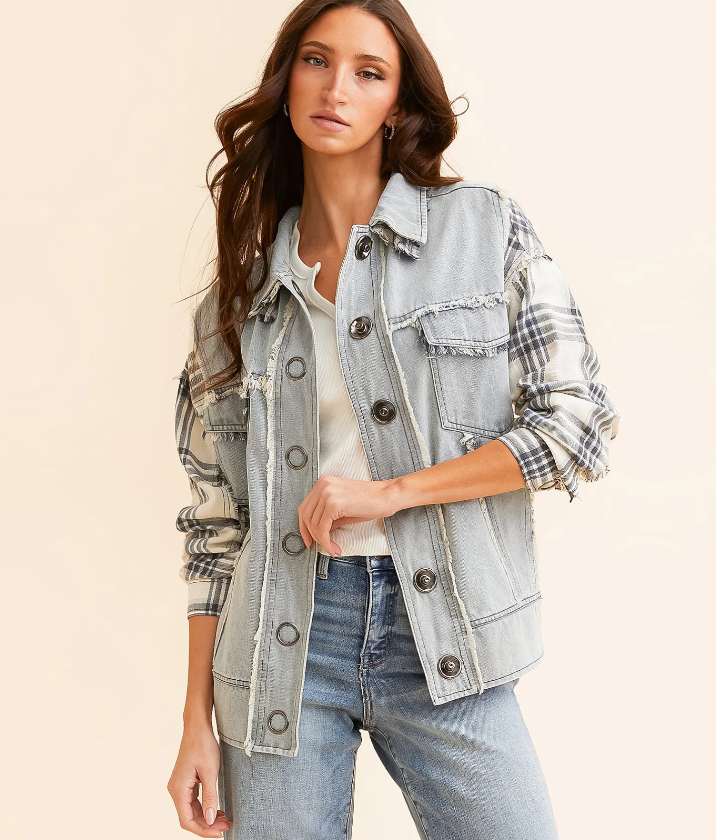 Oli & Hali Plaid Pieced Denim Jacket Blue Cream Multi Sale
