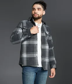 Outpost Makers Plaid Sherpa Shacket Blue Grey Discount