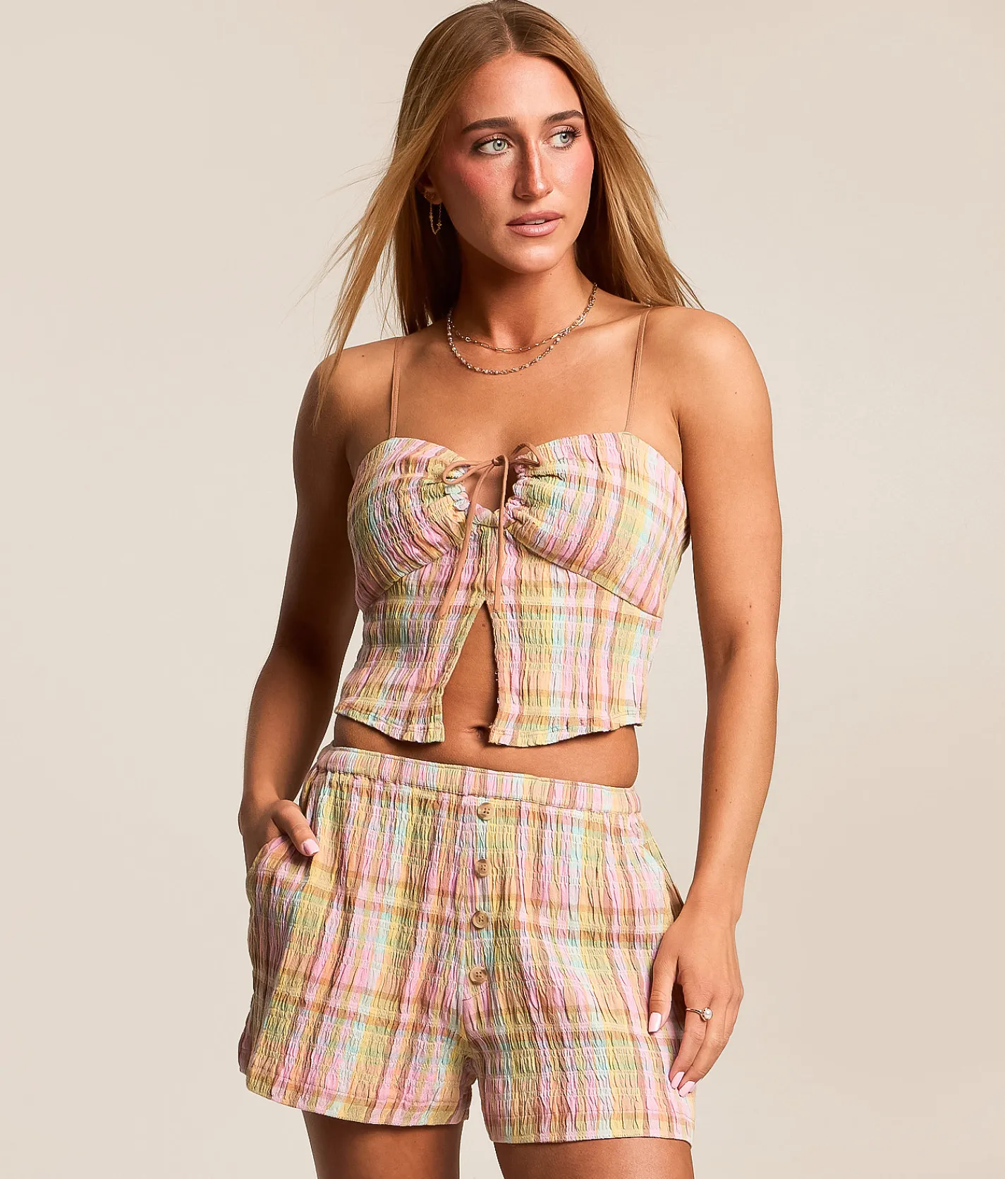 Billabong Plaid Split Front Cropped Tank Top Party Pink Hot