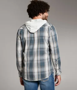 Tops | BKE Plaid Standard Hooded Shirt Blue Cream
