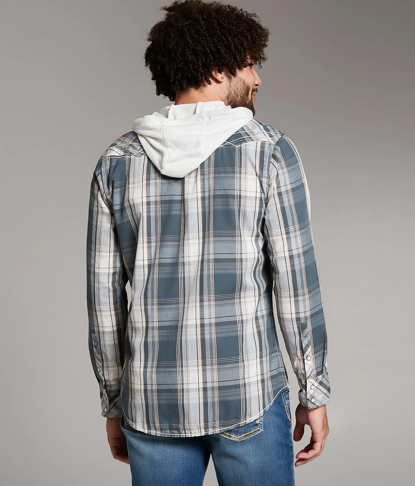 Tops | BKE Plaid Standard Hooded Shirt Blue Cream