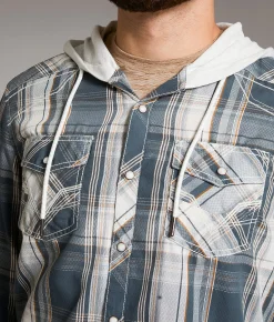 Tops | BKE Plaid Standard Hooded Shirt Blue Cream