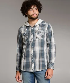 Tops | BKE Plaid Standard Hooded Shirt Blue Cream