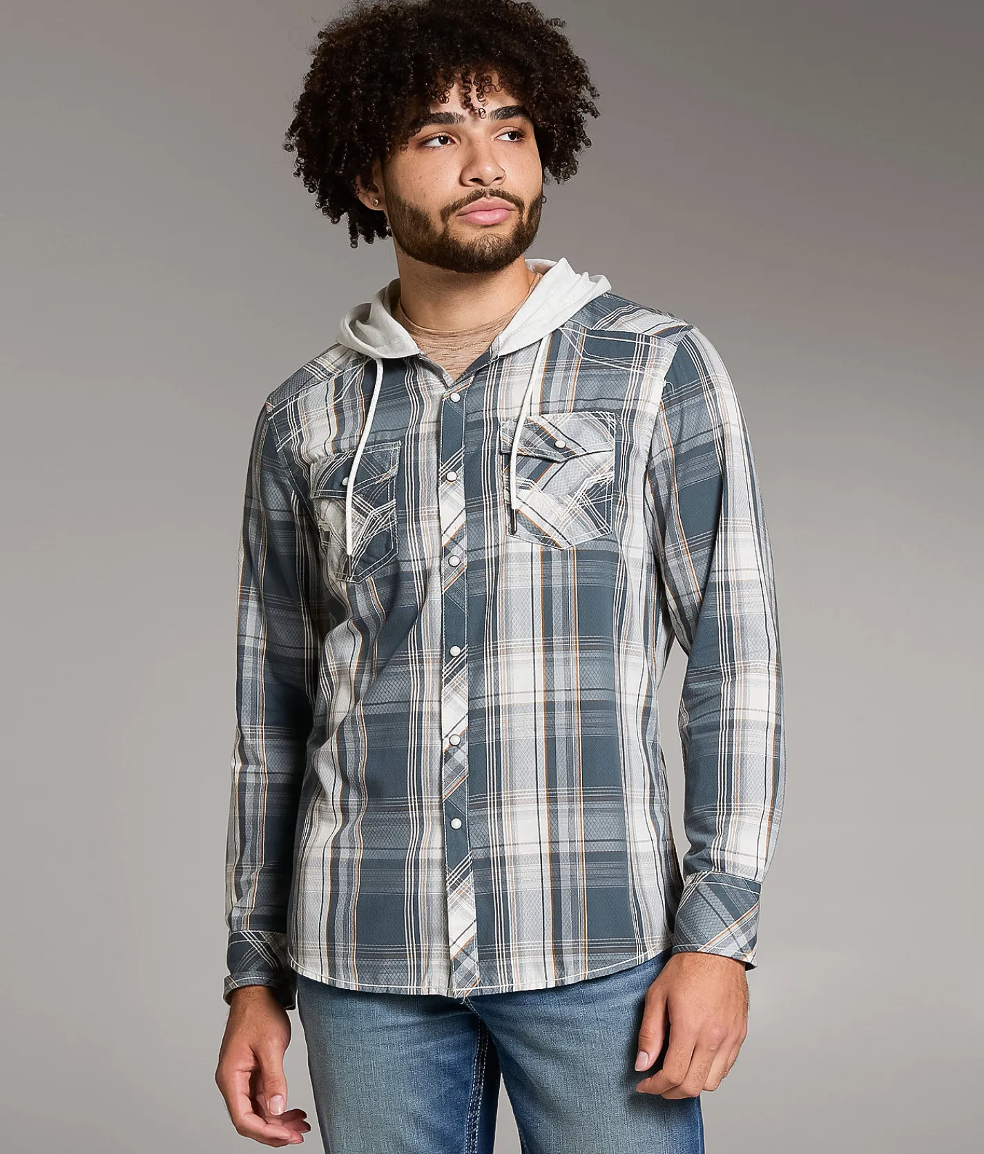 Tops | BKE Plaid Standard Hooded Shirt Blue Cream