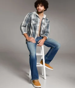 Tops | BKE Plaid Standard Hooded Shirt Blue Cream