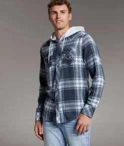 BKE Vintage Plaid Standard Hooded Shirt Navy White Outlet