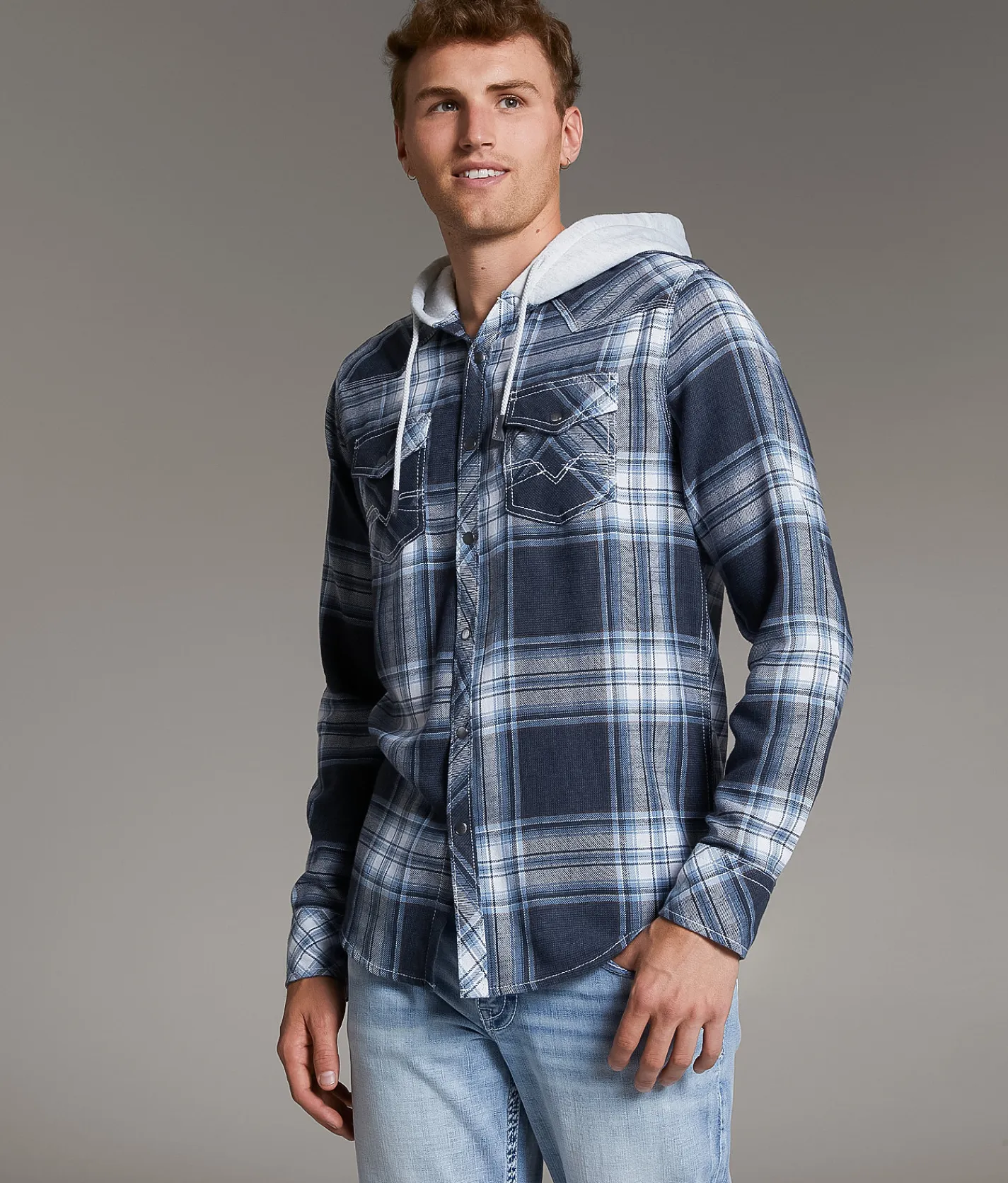BKE Vintage Plaid Standard Hooded Shirt Navy White Outlet