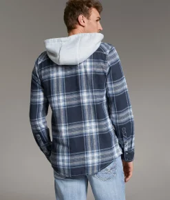 BKE Vintage Plaid Standard Hooded Shirt Navy White Outlet