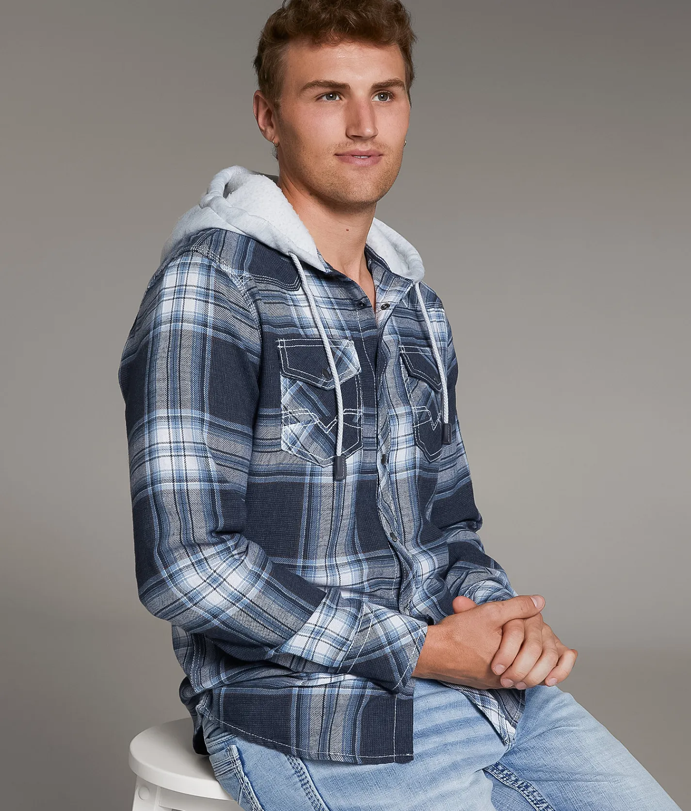 BKE Vintage Plaid Standard Hooded Shirt Navy White Outlet