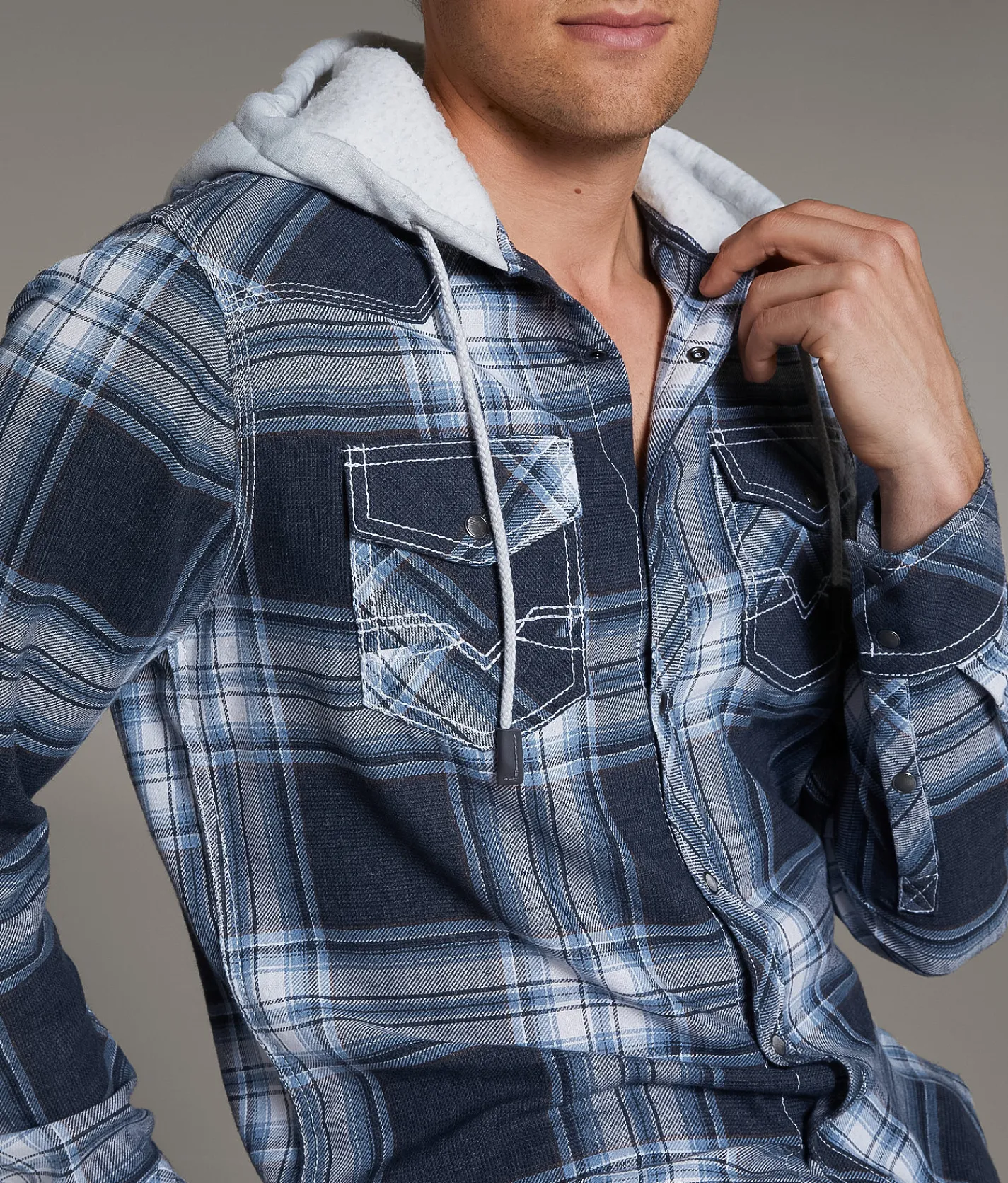 BKE Vintage Plaid Standard Hooded Shirt Navy White Outlet