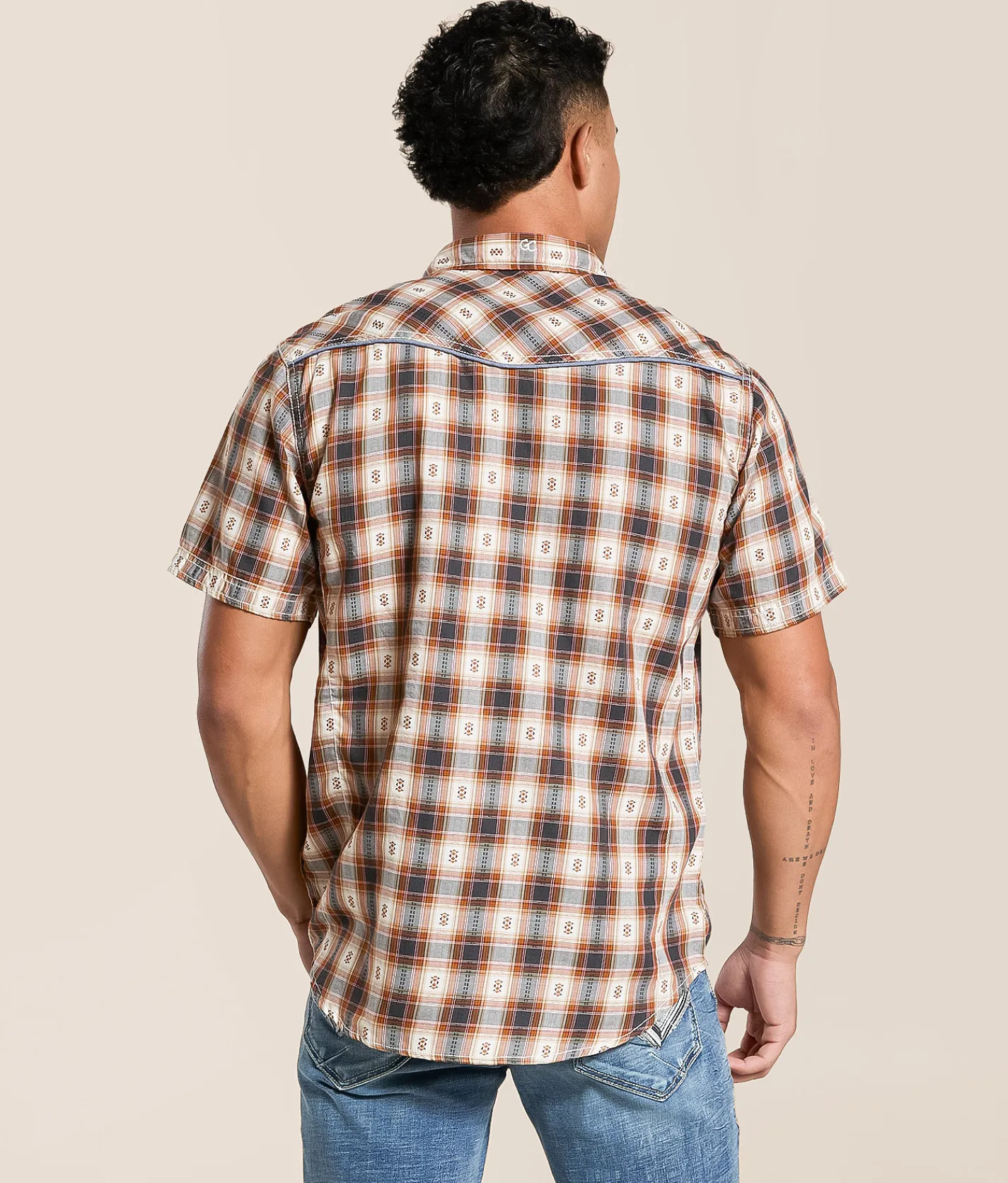 Tops | Gentry County Plaid Standard Shirt Tan Grey