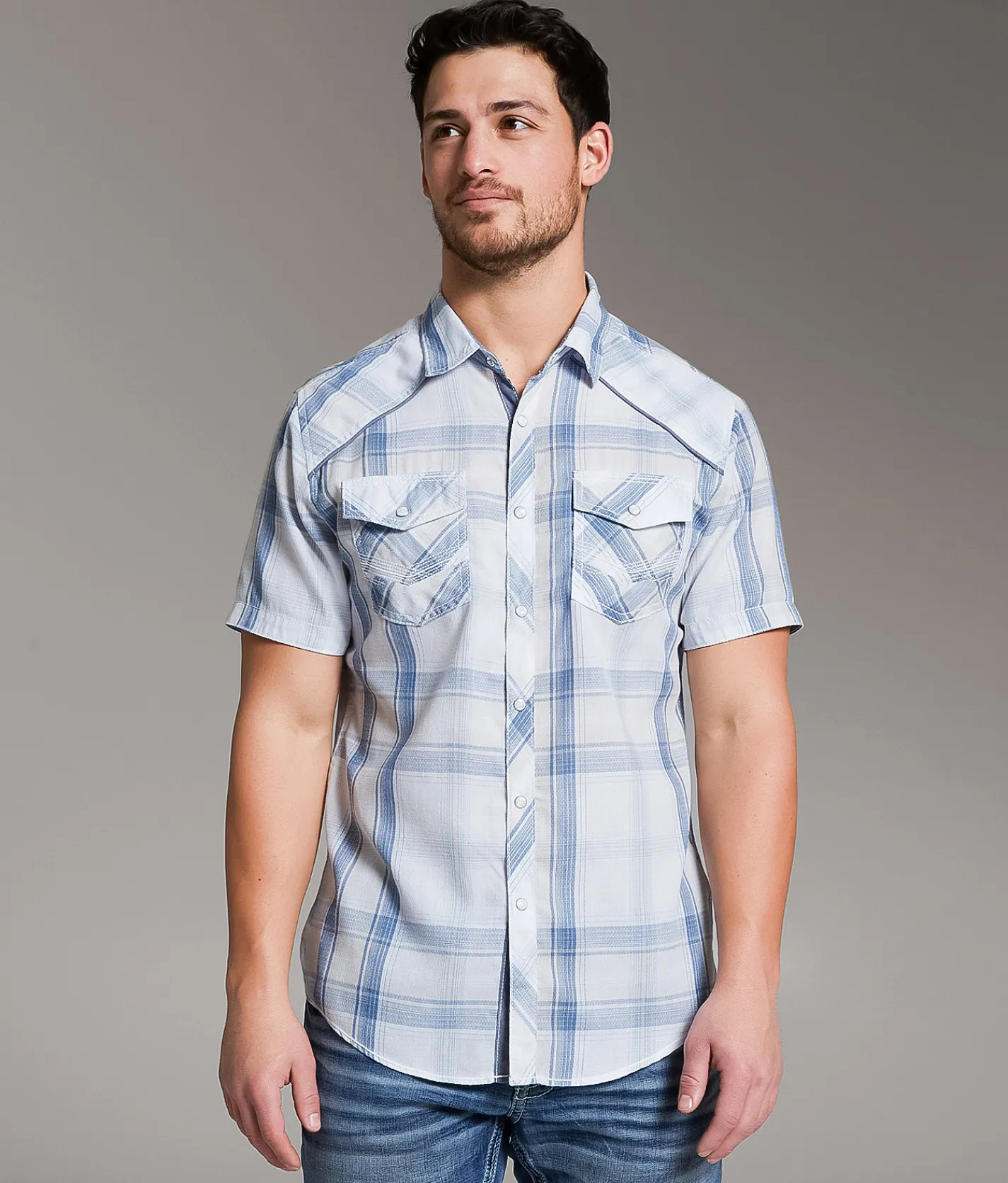 Tops | BKE Plaid Standard Shirt White Blue Tan