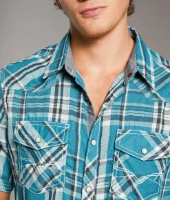 BKE Vintage Plaid Standard Shirt Teal Sale