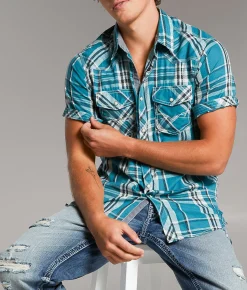 BKE Vintage Plaid Standard Shirt Teal Sale