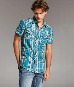 BKE Vintage Plaid Standard Shirt Teal Sale