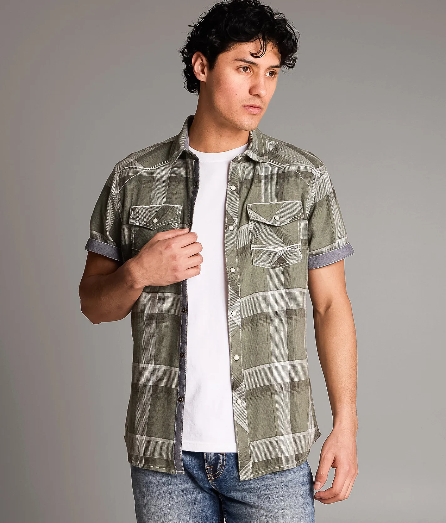 BKE Plaid Standard Shirt Green White