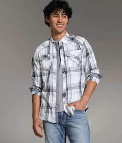 Tops | BKE Plaid Standard Shirt White Blue