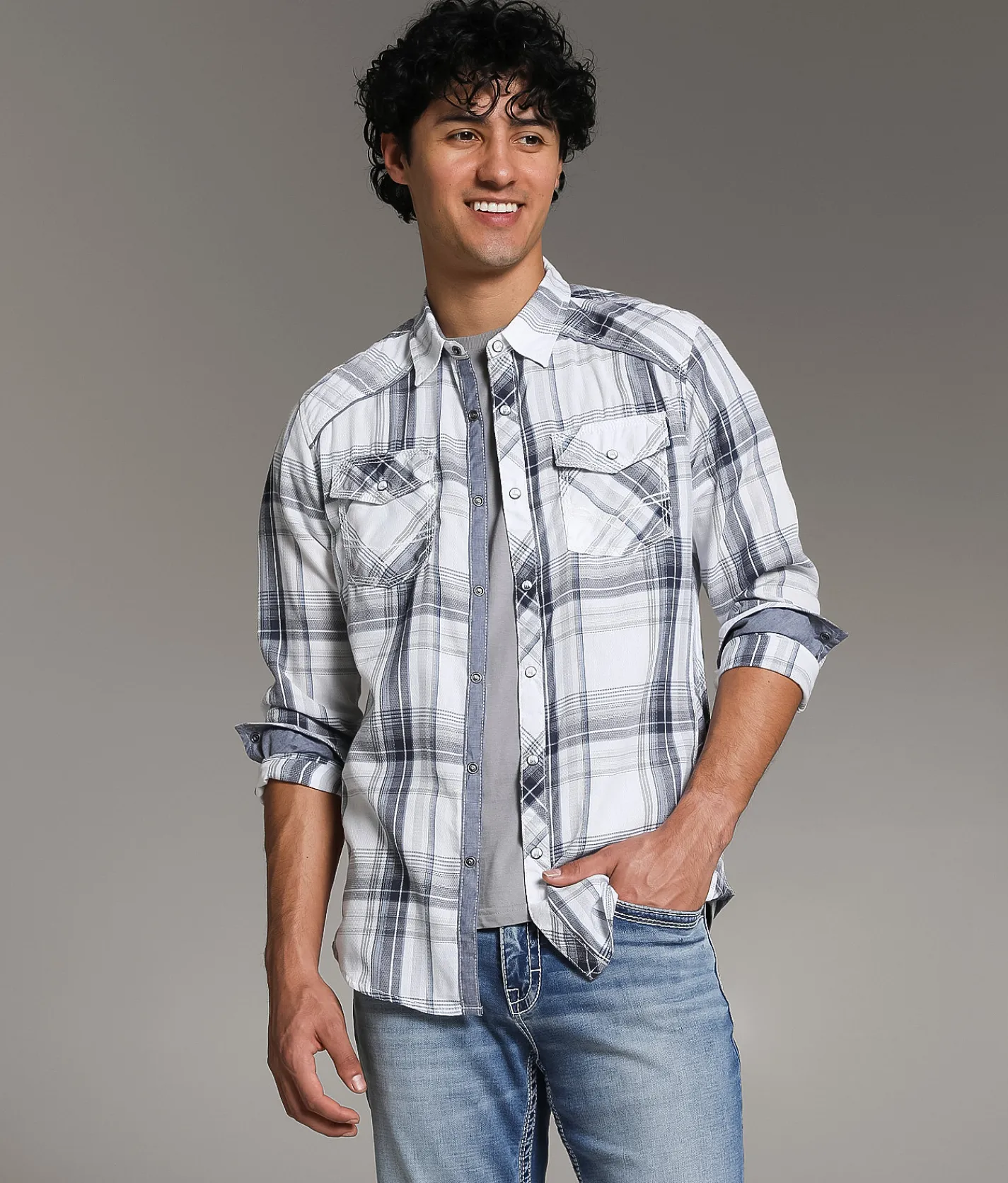 Tops | BKE Plaid Standard Shirt White Blue