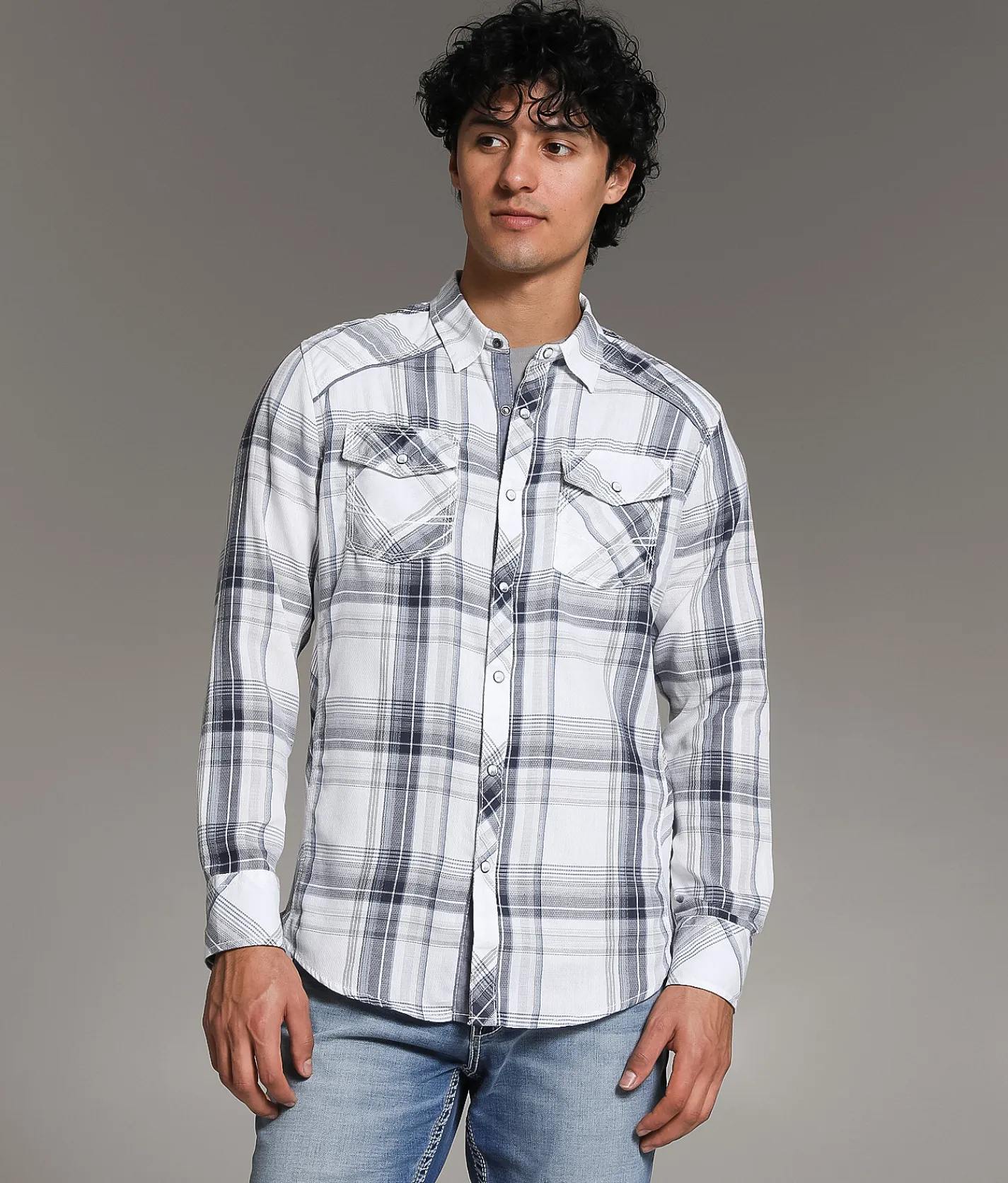 Tops | BKE Plaid Standard Shirt White Blue