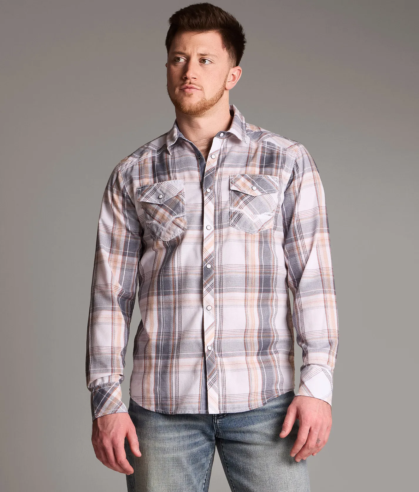 Tops | BKE Plaid Standard Shirt White Navy Orange