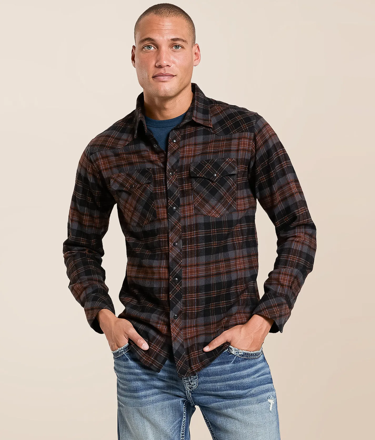 Tops | Reclaim Plaid Standard Shirt Black Orange