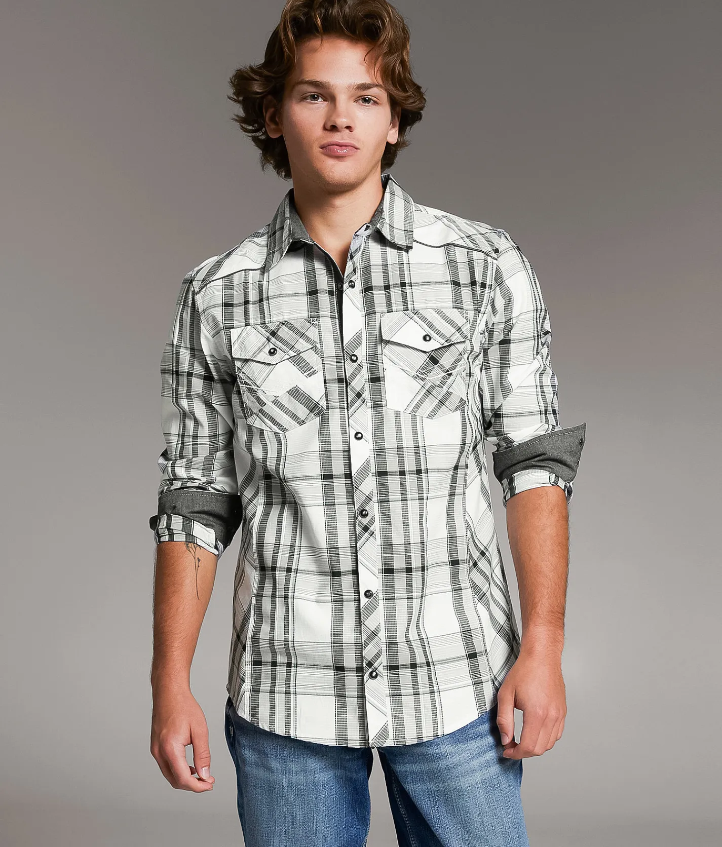 Tops | BKE Plaid Standard Shirt White Grey Mint