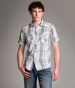BKE Plaid Standard Shirt White Blue Orange Clearance