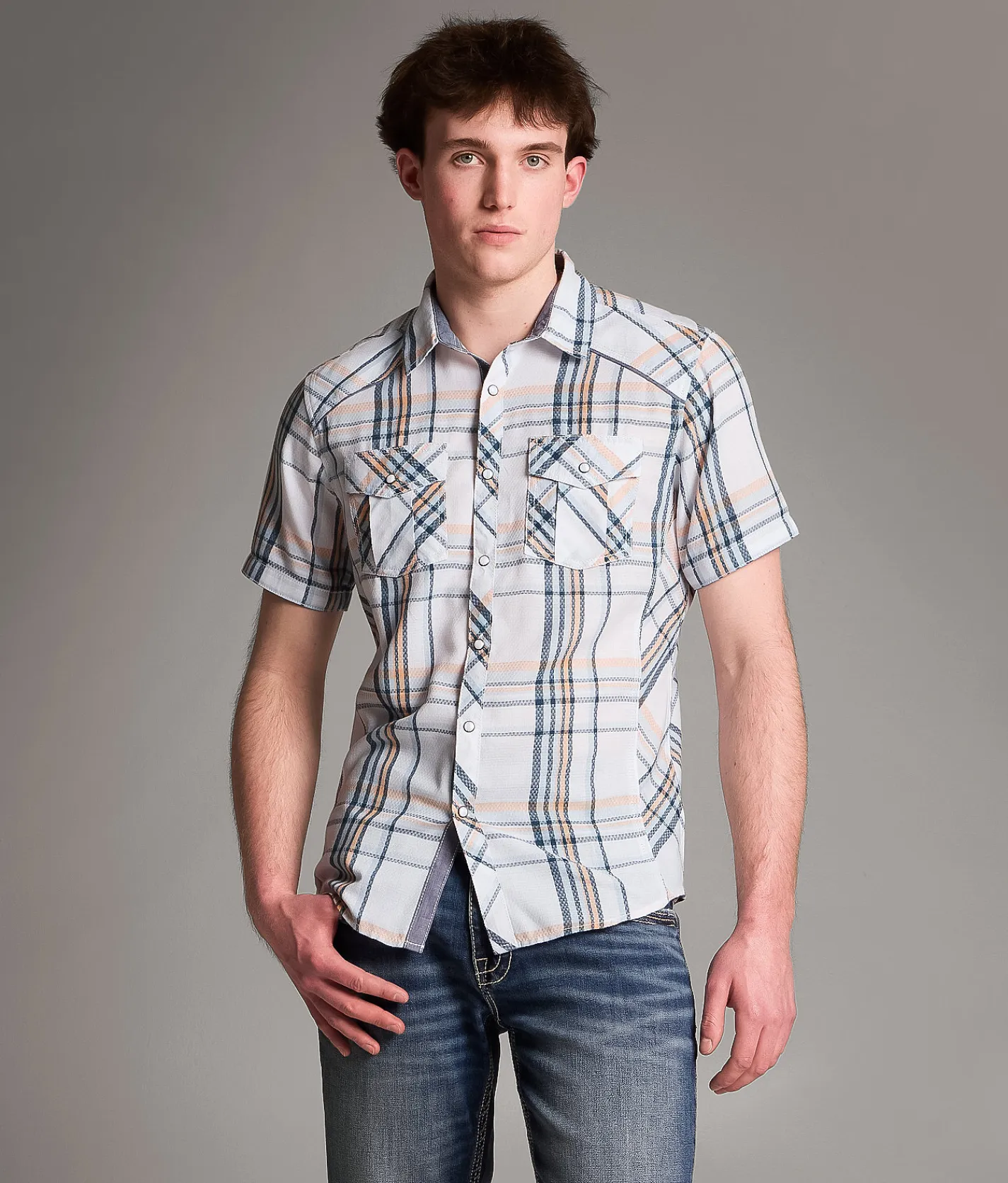 BKE Plaid Standard Shirt White Blue Orange Clearance