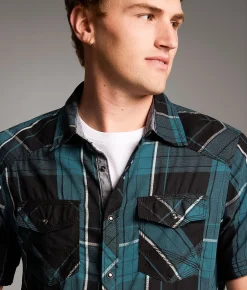 BKE Plaid Standard Shirt Black Blue White Discount