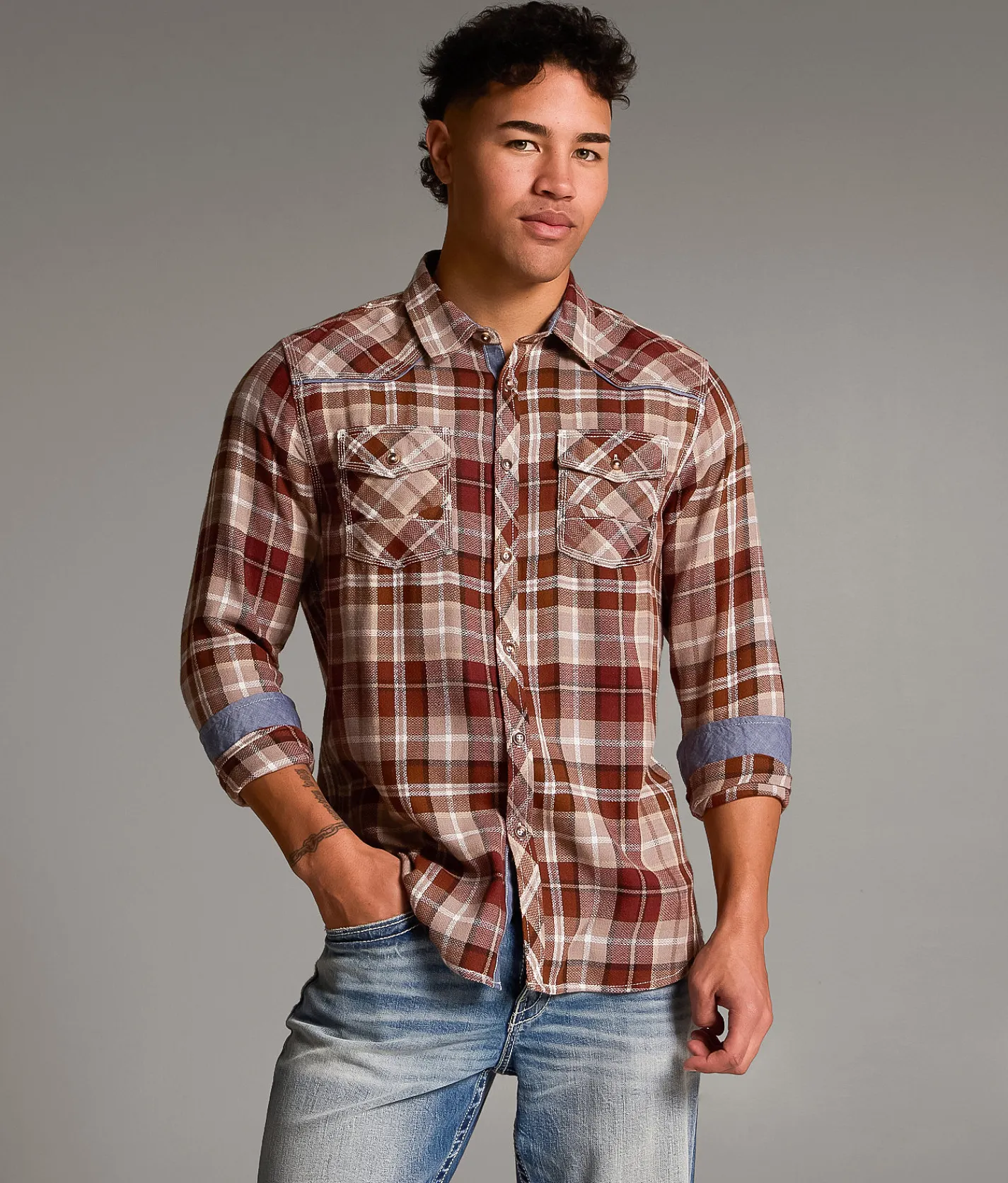 Tops | BKE Plaid Standard Shirt Brown Rust