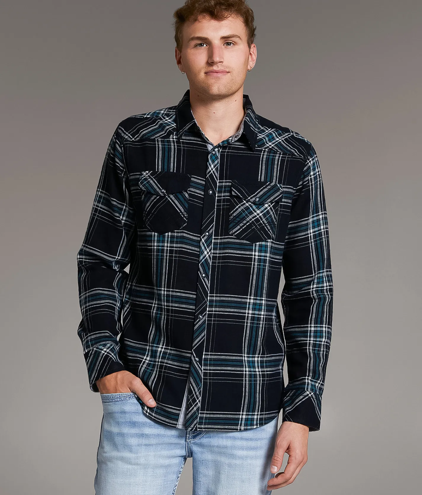 Tops | BKE Plaid Standard Shirt Black White Teal