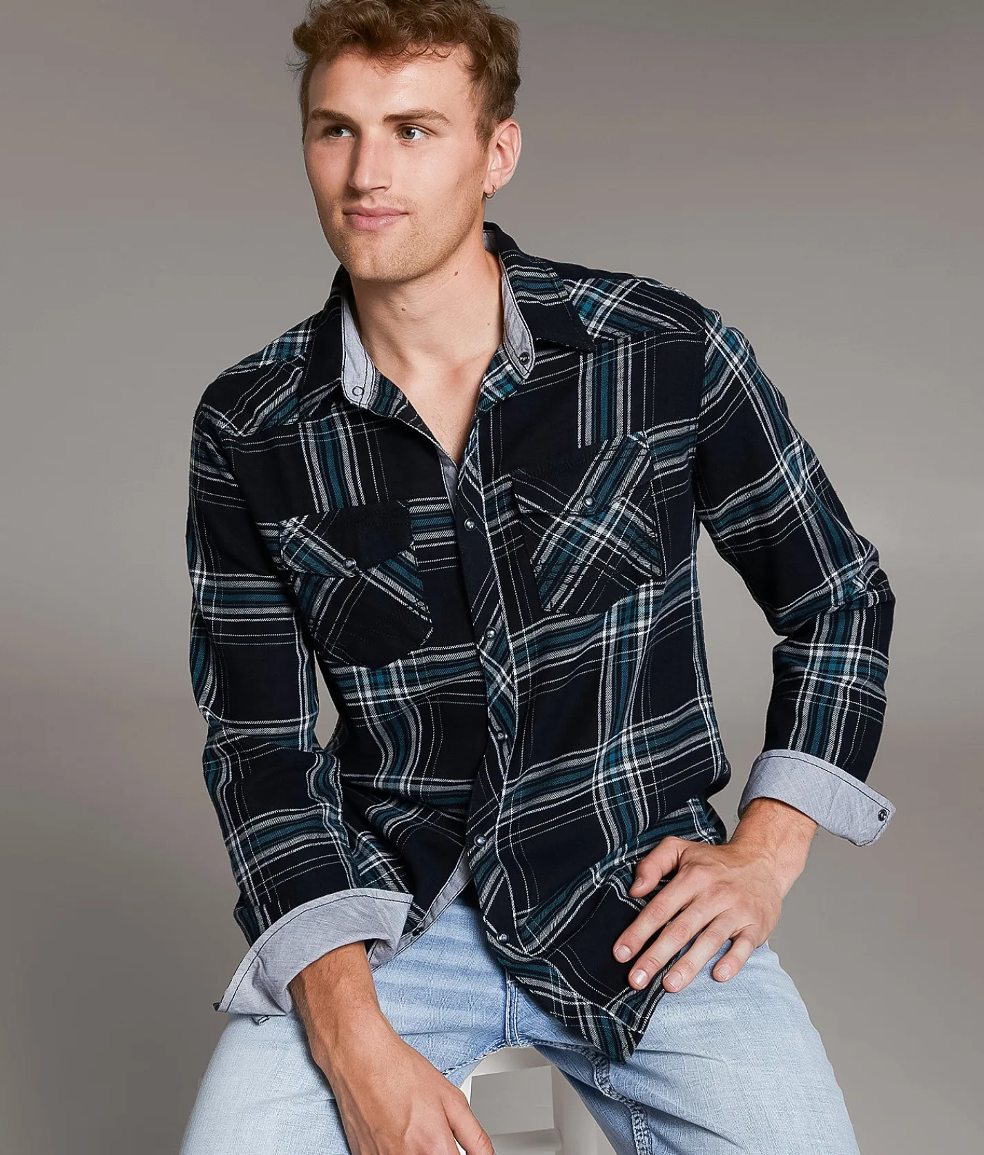 Tops | BKE Plaid Standard Shirt Black White Teal