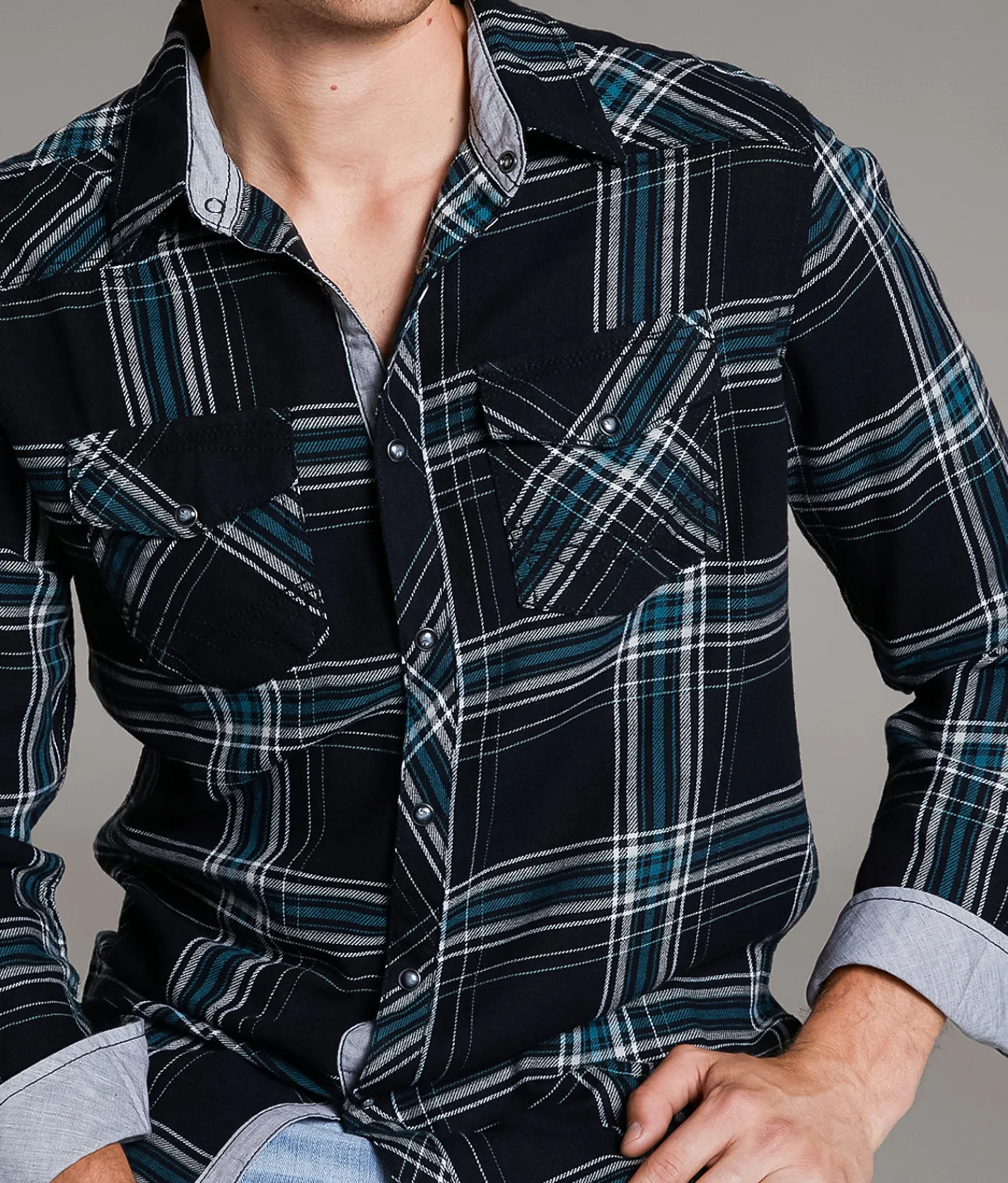 Tops | BKE Plaid Standard Shirt Black White Teal